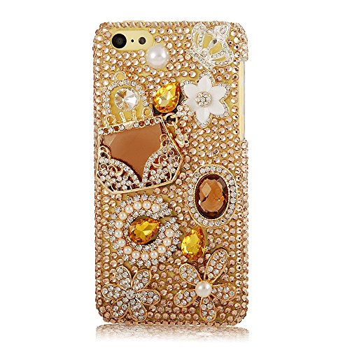 EVTECH(TM) 3D Handmade Bling Gold Crystal Flower Rhinestone Fashion Bags Diamond Design Hard Case Cover(100% Handcrafted)