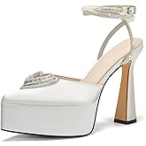 Coutgo Womens Platform High Chunky Heels Rhinestone Triple Heart Pointed Toe Ankle Strap Party Wedding Dress Pumps Shoes