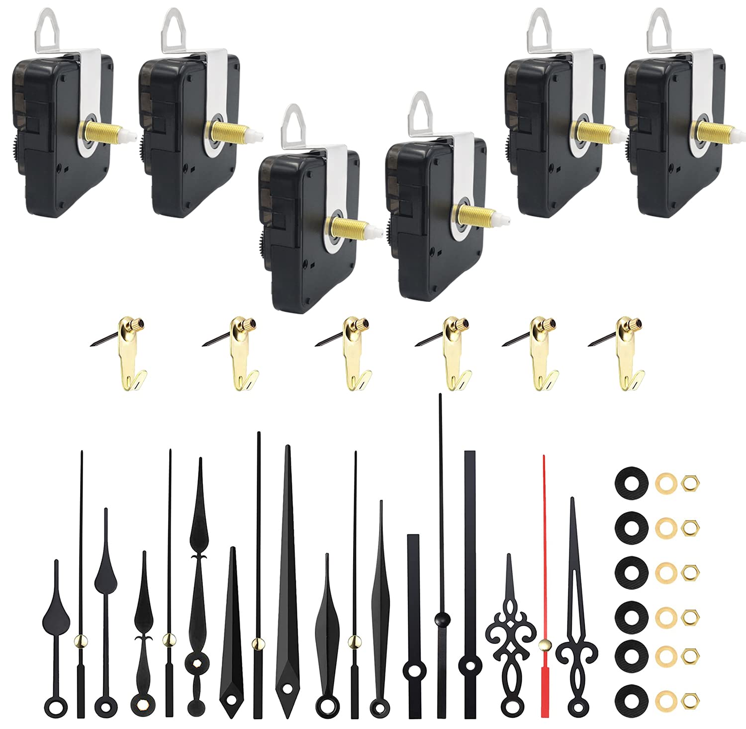 6 Pieces Silent Quartz Clock Movement, Clock Mechanism Kit Battery Powered, Long and Short Shaft Wall Clock Mechanism Motor Replacement DIY Repair Parts