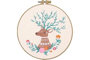 Esffaci Embroidery Starter Kit for Adult Beginner with Xmas Reindeer Elk Pattern Hand Embroidery Set with Embroidery Cloth Hoop Needles Colorful Floss and Instruction