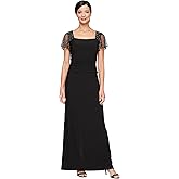 S.L. Fashions Womens Long Length Ruched Waist Formal Evening Dress with Beaded Illusion Sleeves (Petite and Regular Sizes)