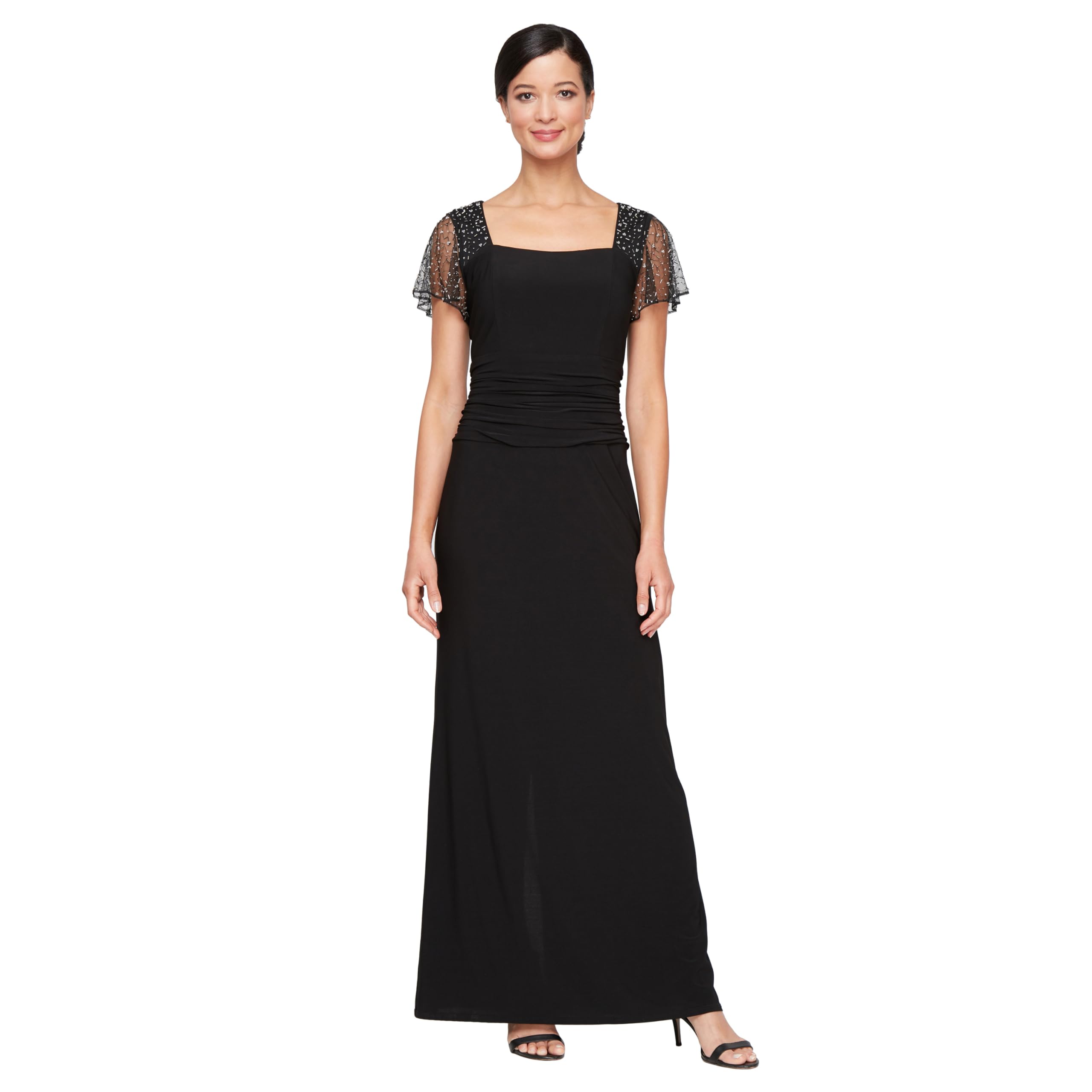 S.L. Fashions Women’s Long Length Ruched Waist Formal Evening Dress Illusion (Petite and Regular Sizes), Black Short Beaded Sleeve