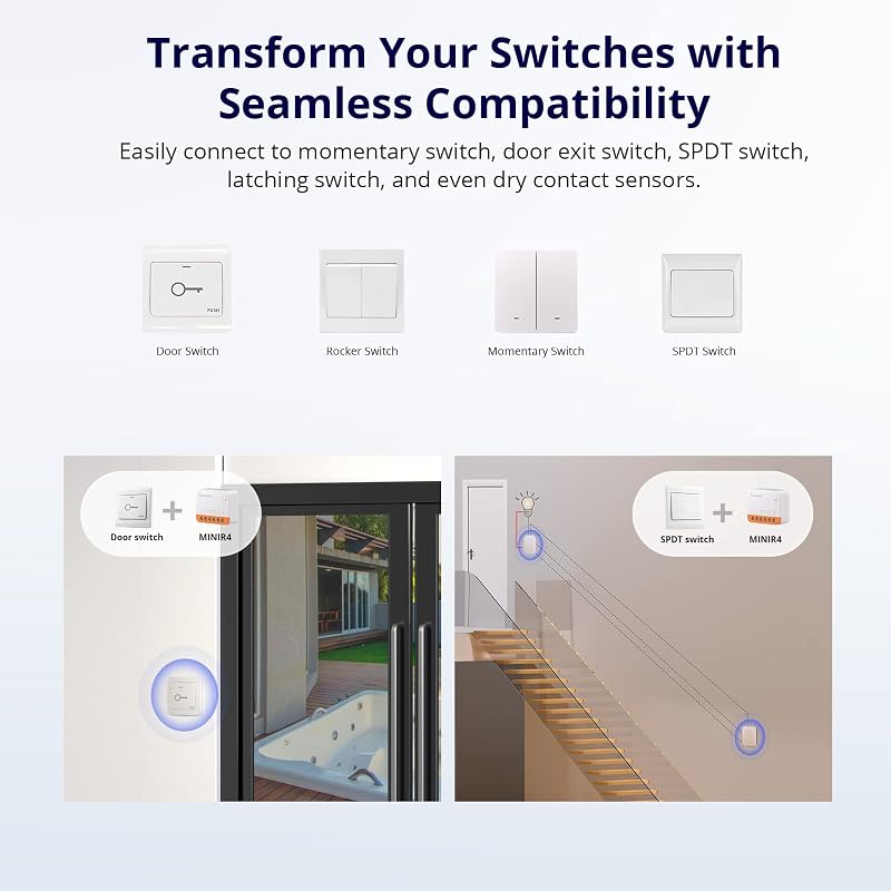 MINI R4 4PCS WiFi Smart Switch 2-Way, Interruttore intelligente DIY, modalità relè staccabile, WiFi 2.4G, controllo APP, Funziona con Alexa, Google Home Assistant, controllo remoto eWeLink