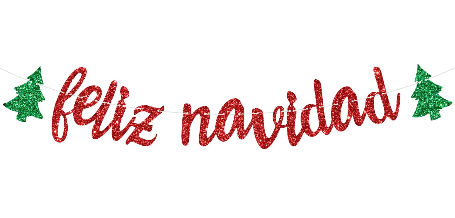 Feliz Navidad Banner, Spanish Christmas Xmas Decorations for Home Office Indoor, Glittery Merry Christmas Party Decorations, Happy Hoilday Season Party Supplies