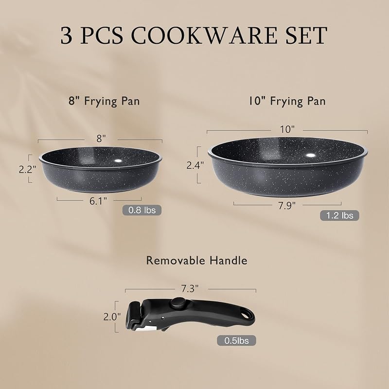 Juego de Ollas y Sartenes Cerámicas Antiadherente - Juego de Cocina con Mangos Desmontables, No Tóxico, Apto para Inducción, Horno y Lavavajillas(Negro 3PCS)