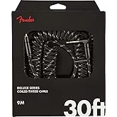 Fender Deluxe Series Coiled Instrument Cable, Guitar Cable, Guitar Accessories, Straight/Angle, Black Tweed, 30ft