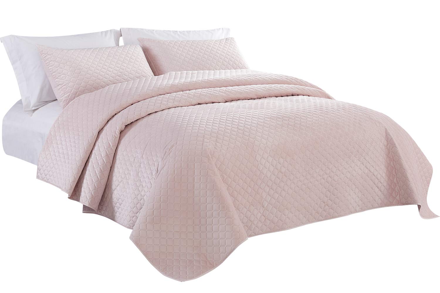 PHF Velvet Oversize Quilt Set 3 Pieces Solid Bedspread and Coverlet Soft Warm Luxury Decorative for Winter Fall Halloween Queen Size Light Pink Christmas Decoration
