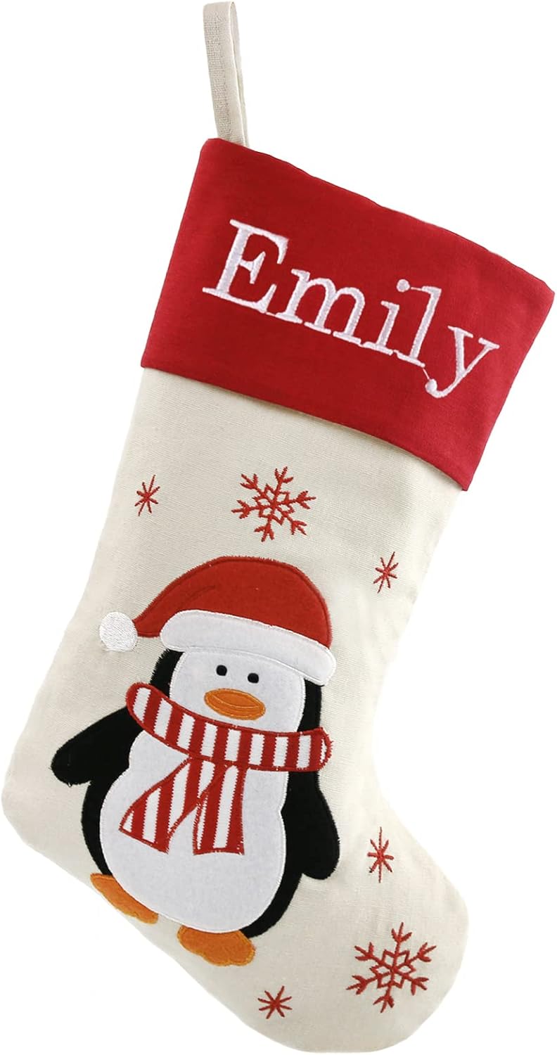 Stockings & Holders - WEWILL 18'' Personalized Christmas Stockings Penguin with Embroidery Technology Xmas for Family Kids
