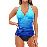 Holipick Two Piece Tankini Bathing Suits for Women Tummy Control Swimsuits Sexy V Neck Halter Tankini Top with Bikini Bottom