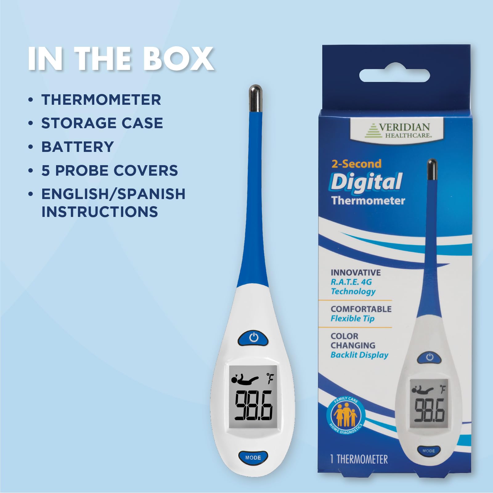 Veridian Digital Thermometer | 2-Second Readout | Rate Rapid Read Technology| Flexible Tip | Hygienic Water-Resistant Easy Cleaning | Storage Case + Instructions Included