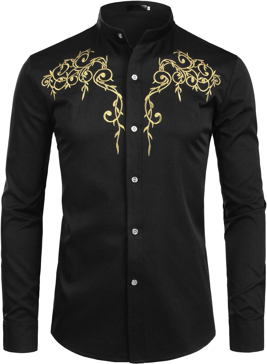 ZEROYAA Men's Floral Embroidery Slim Fit Long Sleeve Band Collar Dress Shirts