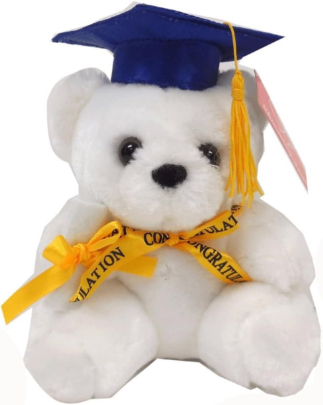CHARMING TOY Graduation 7” White Tatty Teddy Bear with Diploma and Yellow Ribbon and Blue Hat