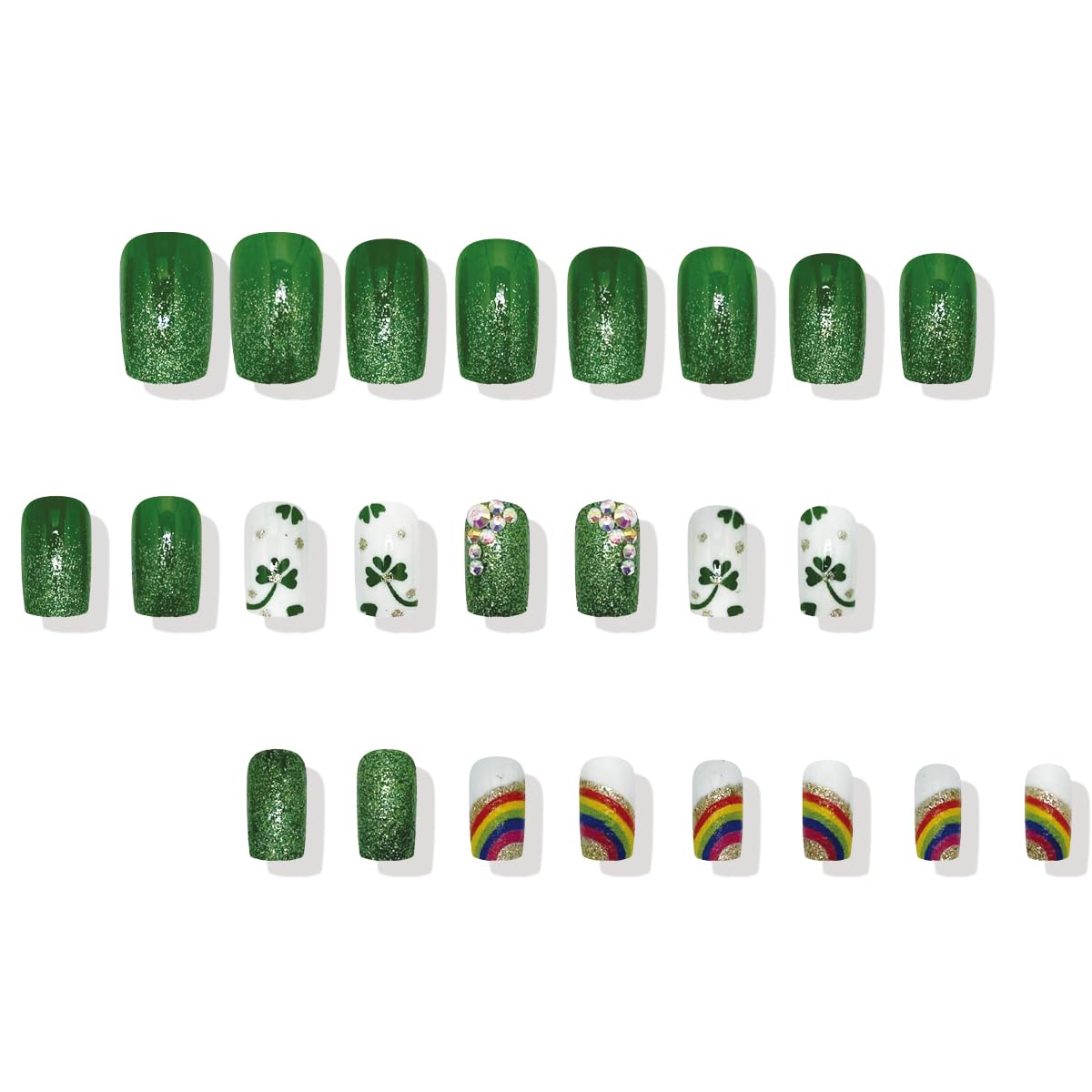 St.Patrick's Day Shamrock Press on Nails Medium Square Fake Nails with Glitter Nail Rhinestones Design Holiday Acrylic Artificial ons Nails Full Cover Glue on Nails Irish False Nails for Women - Image 3