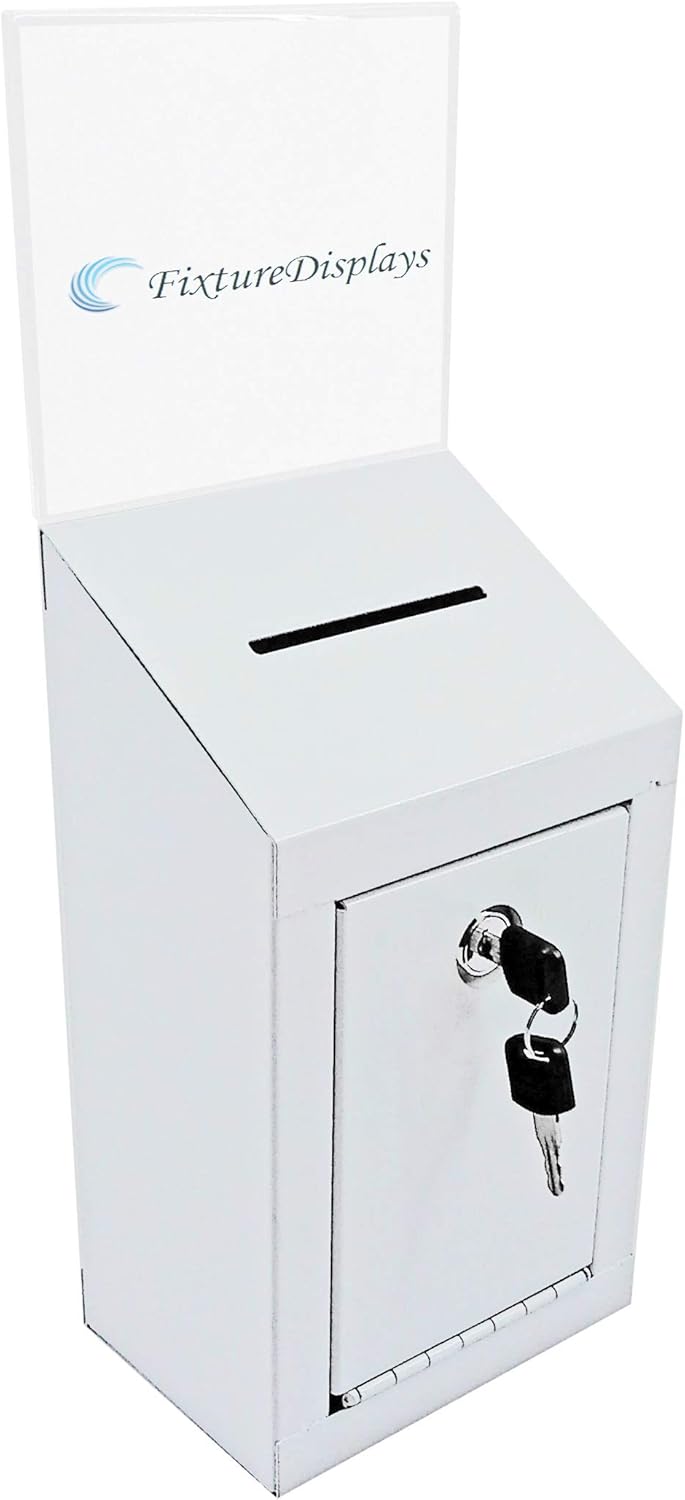FixtureDisplays Classic Metal Box, Secure Donation Box, Ballot Box, Collection Box, Ticket Box W/Header, Easy Wall Mount or Counter Top Use 16769-NPF