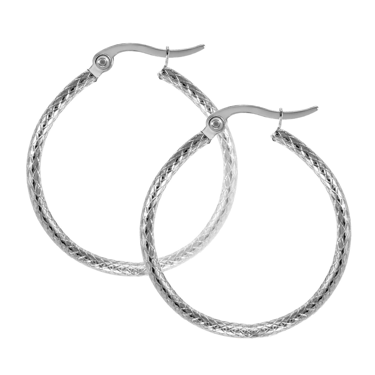 555Jewelry Stainless Steel Hoop Earrings, Medium Round Circle Woven Pattern Surgical Steel Hoop Earrings, Hoops Earrings for Women, Earrings for Women Hoops, Silver