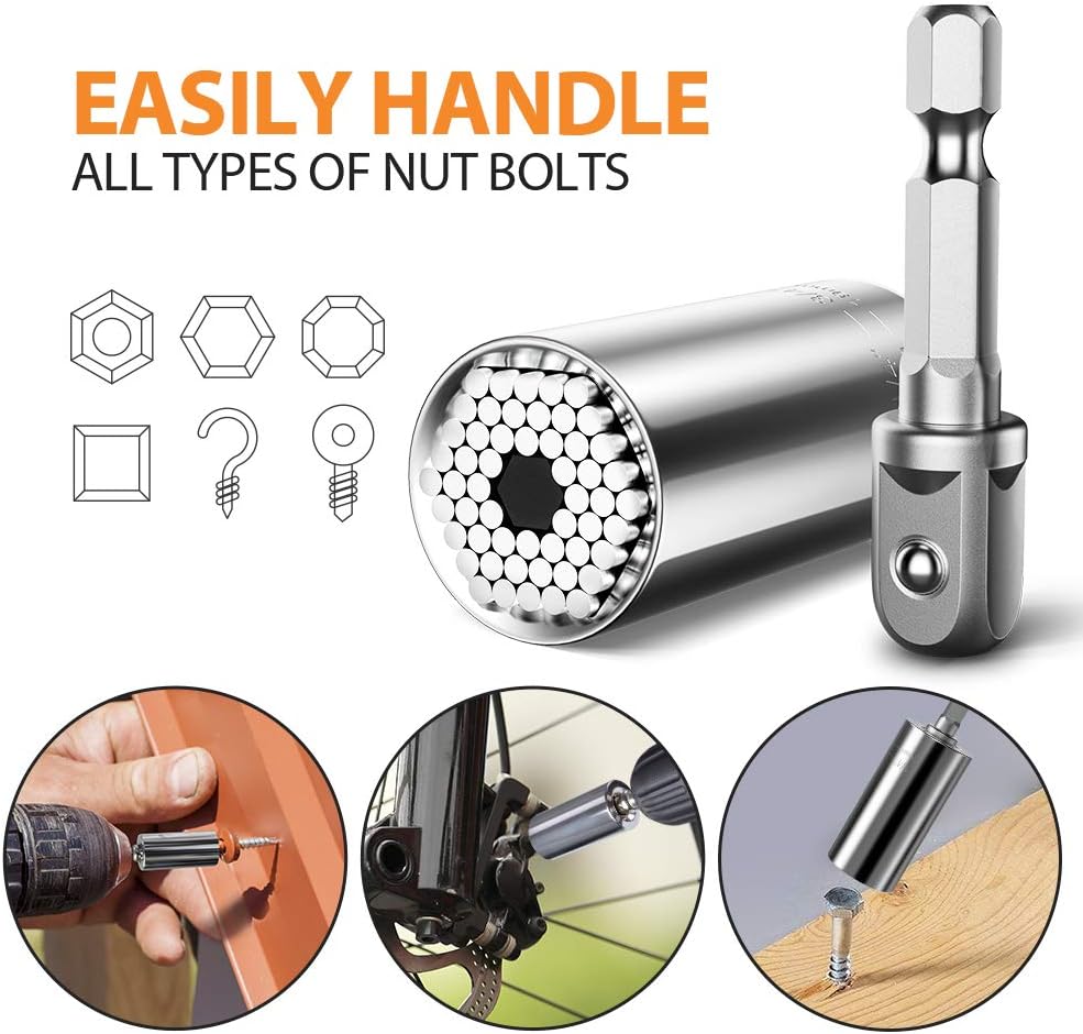 Universal Socket Grip Tool Sets with Power Drill Adapter Best Practical Tools Gift for Men Multi-Function Ratchet Wrench Cool Gadgets for DIY Handyman, Husband, Boyfriend, Dad, Women (7mm to19mm) - - 