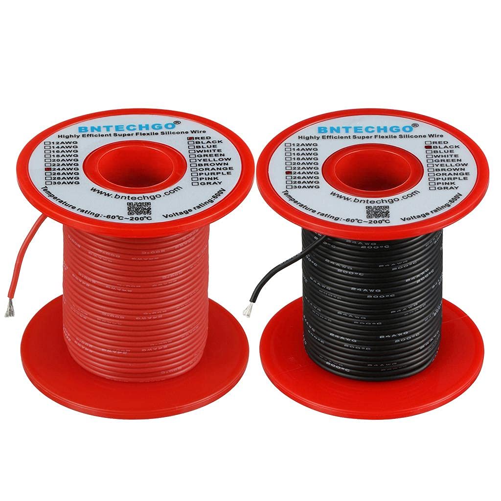 BNTECHGO 24 Gauge Silicone Wire Spool 200 ft Ultra Flexible High Temp 200 deg C 600V 24 AWG Silicone Wire 40 Strands of Tinned Copper Wire 100 ft Black and 100 ft Red Stranded Wire for Model