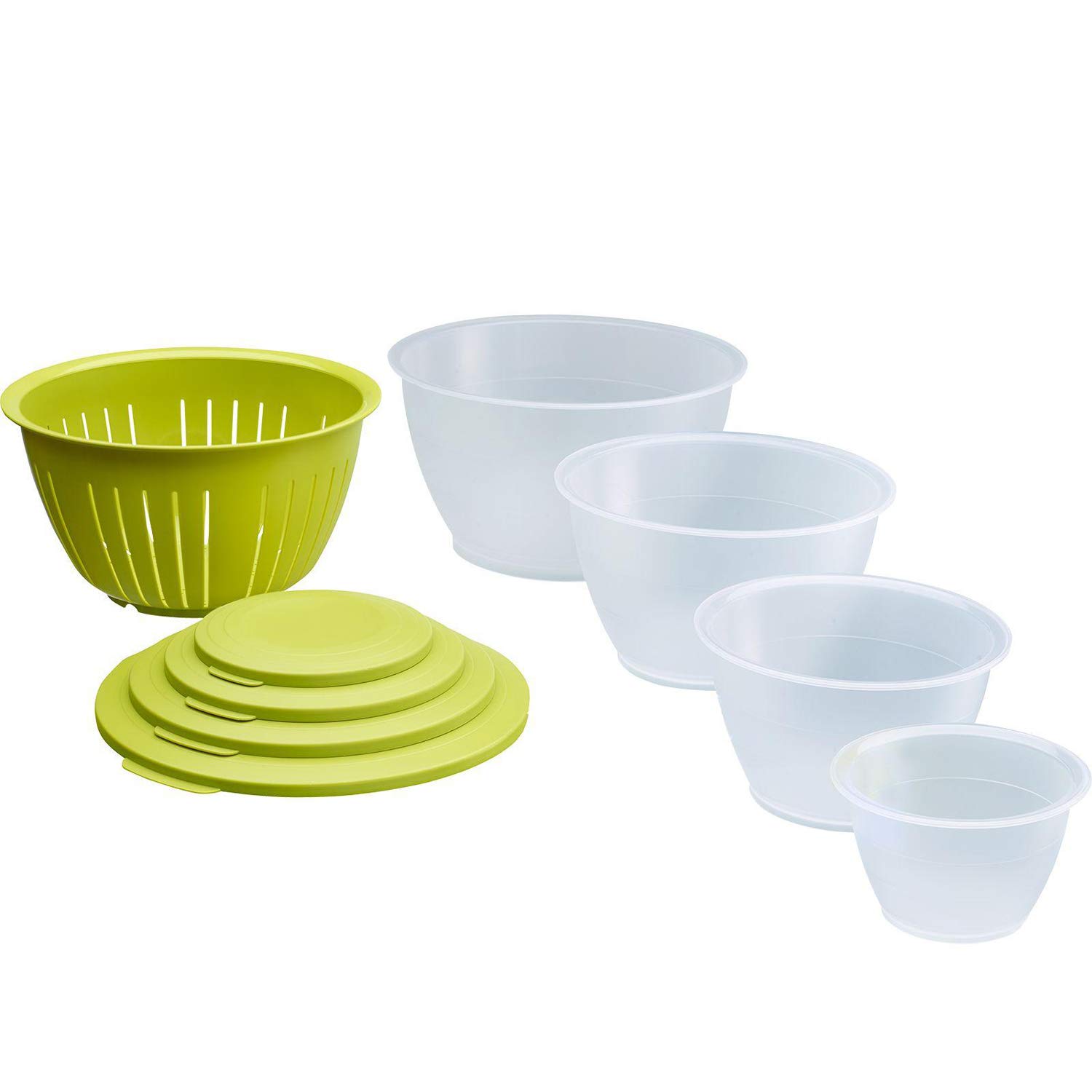 Westmark Bowl Set, 4 bowls with lids + 1 strainer, 9 pieces, Volume: 0.6/1.3/2.5/4.4 Litres, Plastic, BPA-free, Olympia, Colour: Transparent/Green, 2420226A — image 1