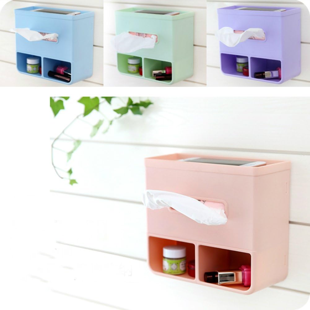 Home Décor Plastic Wall Hanging Shelves Cabinet Desk Organizer Storage Tissue Paper Box Holders (Pink)