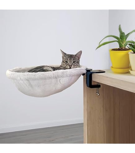 Cat Beds OJLUOJ Cat Desk Bed, Pet Cats Desk Nest Round Hammock 360 Rotation Heigh Adjustable Comfortable Washable Soft Pad For Kitten Metal Frame For Table Mounted Pet Furniture For Office Indoor