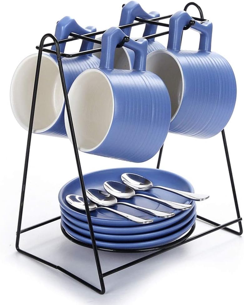 RXM Ceramic Cup Coffee Cup Set Tea Sets Creative Simple Home Mark Tea Set of 4 with Saucer Holder European-Style (Color : Blue)