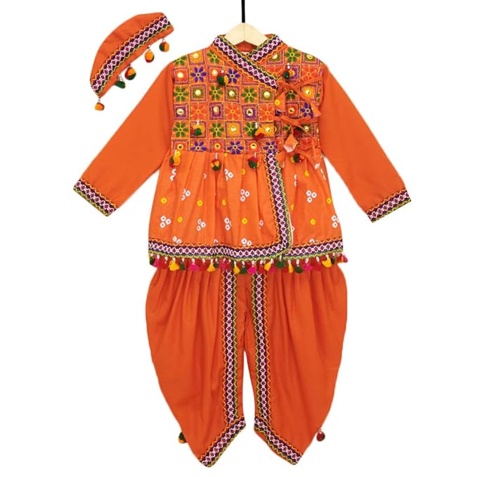 BownBee By Hopscotch Boys Cotton Embroidery Bandhani Print Kedia Dhoti in Orange Color