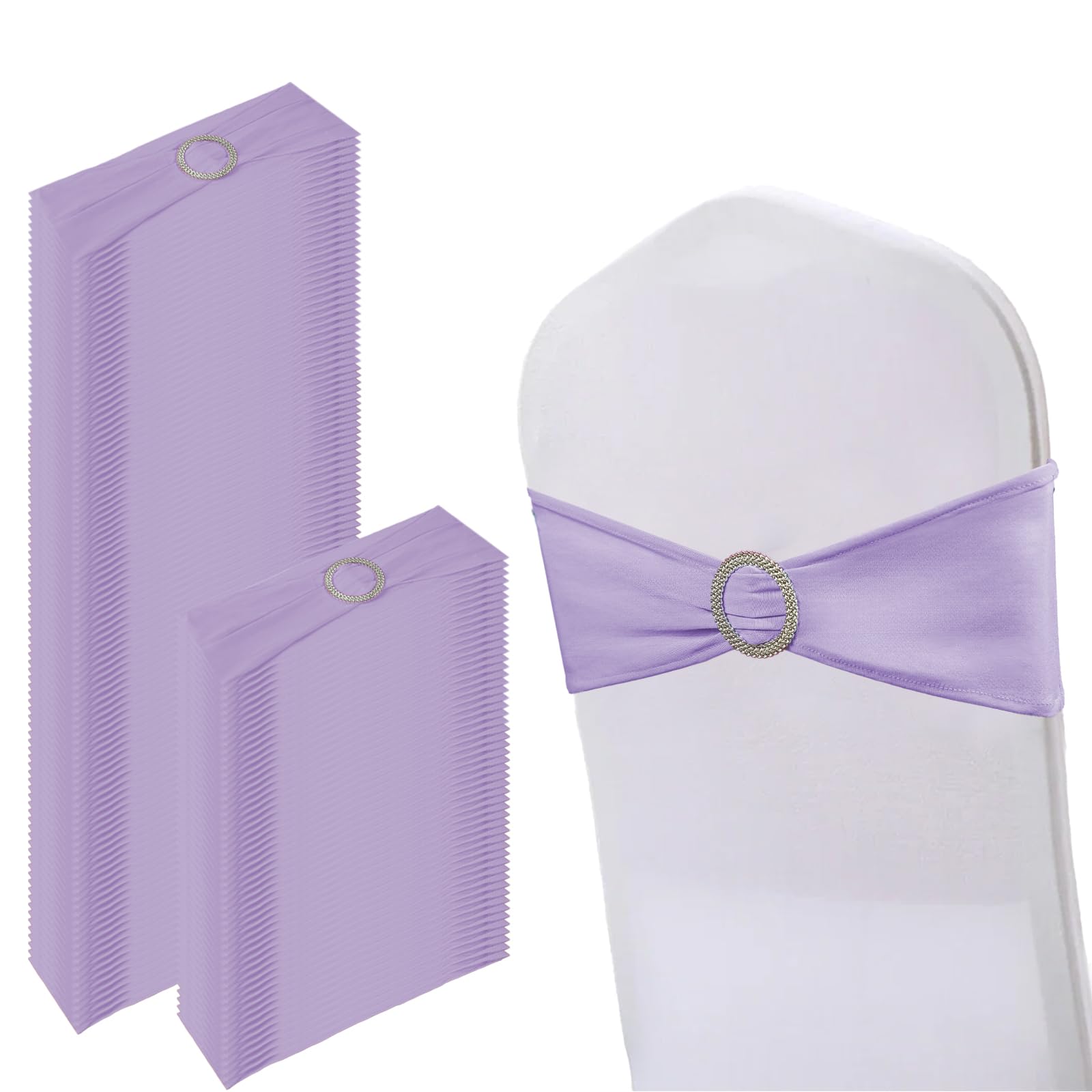 Photo 1 of 150 Pack Spandex Stretch Chair Sashes Bows, Elastic Stretch Chair Cover Bands Ties with Buckle Slider for Wedding Party Ceremony Reception Event Banquet Decoration (Purple)