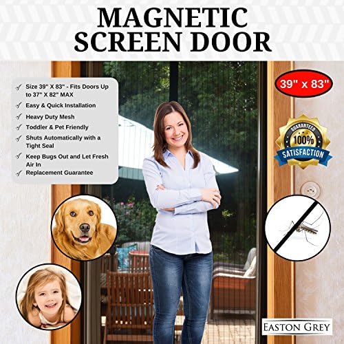 Easton Grey Magnetic Screen Door Bug Screens: Door Screen with Strong Magnets, Reinforced Heavy Duty Mesh Curtains - Keeps Out Insects - Kid & Pet Friendly - Fits Doors Up to 37" x 82" - Black