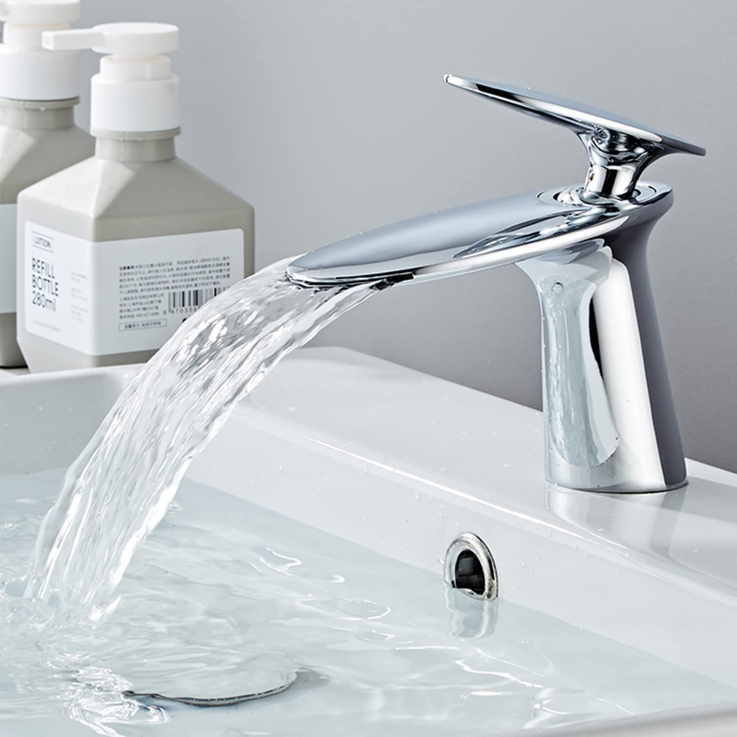 SJQKA Waterfall Basin Taps,Waterfall Basin Mixer Tap,Bathroom Sink Mixer Taps,Single Handle Basin Mixer Tap,Brass (Chrome)