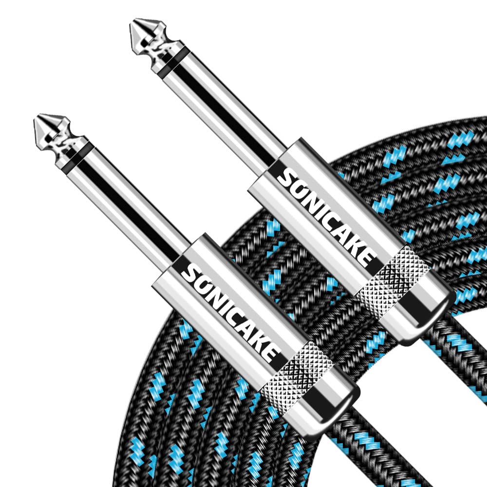 SONICAKE Braided Guitar Cable 6m/20ft Guitar Instrument Cable 6.35mm 1/4" Straight Angle to Straight Black Blue