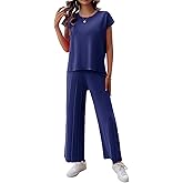 BestWendding Womens 2 Pieces Lounge Sets Knit Sweater Sets Casual Cap Sleeve Tops with Wide Leg Pants Tracksuits