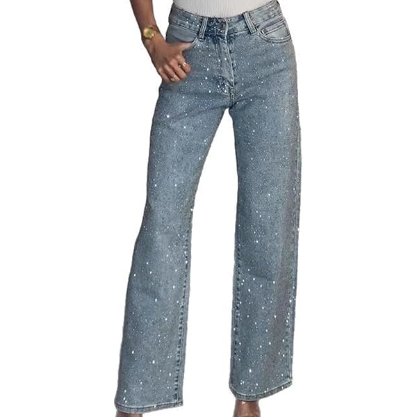 Famnbro Womens Rhinestone Jeans Baggy Y2K High Waisted Straight
