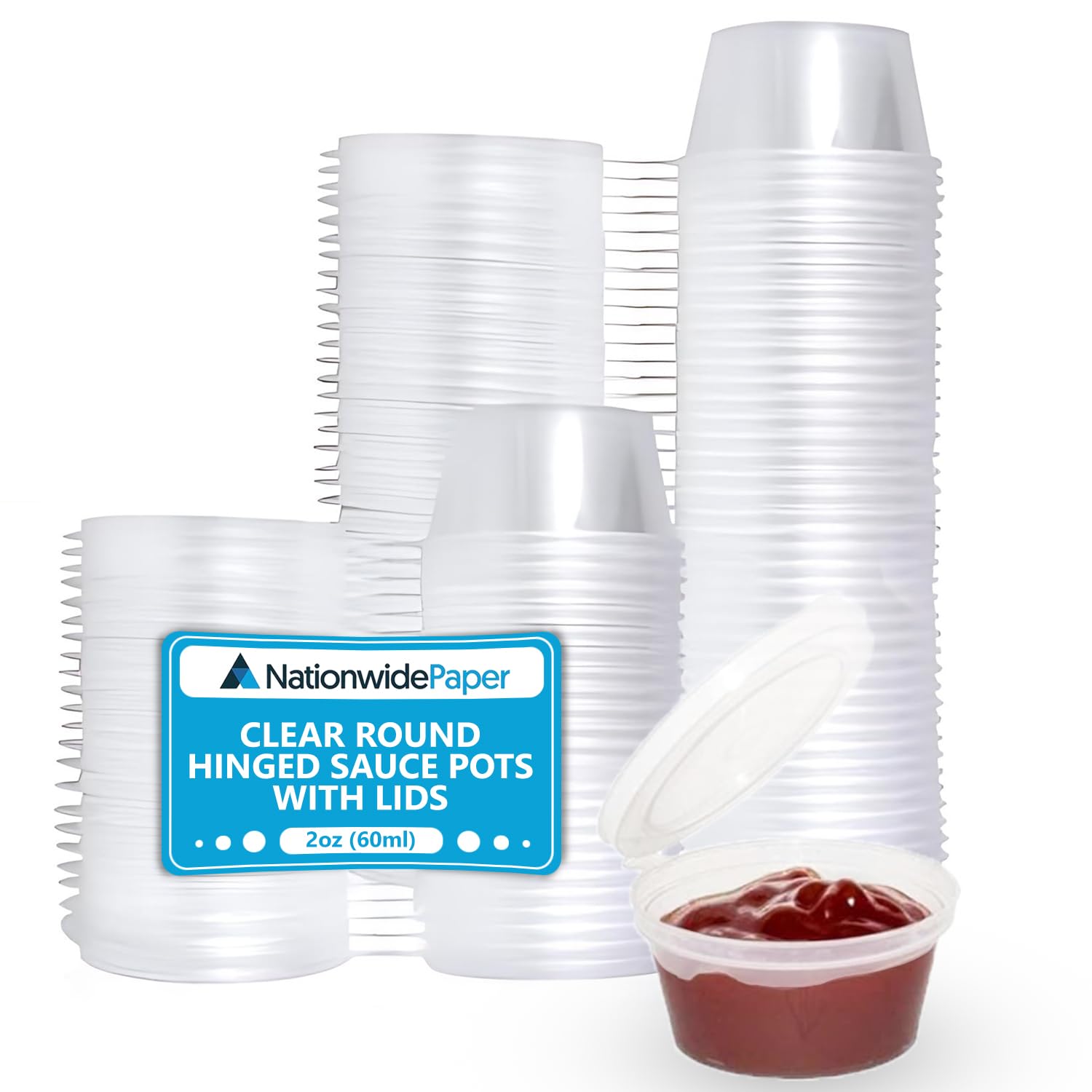 Nationwide Paper 2oz 50Pcs Clear Round Hinged Pots with Lids, Deli Pots, Perfect for Takeaways, Restaurants, Chutney, Ketchup Container & Hinged Sauce Pots