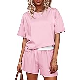 Tankaneo Womens Short Sets 2 Piece Summer Vacation Outfits Short Sleeve T-shirts Elastic Waist Shorts Matching Set