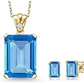 Gem Stone King 18K Yellow Gold Plated Silver Swiss Blue Topaz Pendant and Earrings Jewelry Set For Women (17.45 Cttw, Gemstone November Birthstone, Emerald Cut 18X13MM and 6X4MM, with 18 Inch Chain)