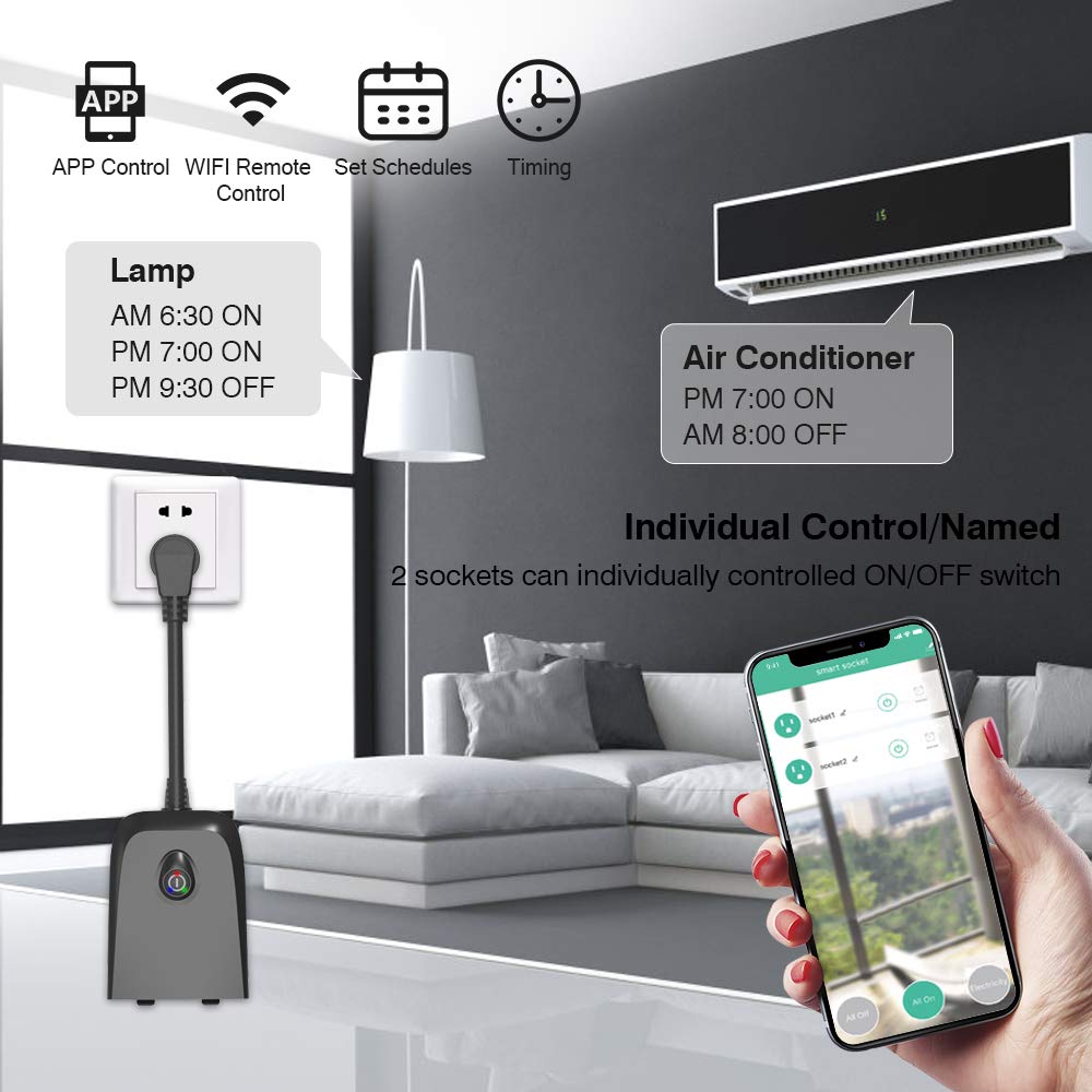 Outdoor Smart Plug, iUcare IP55 Waterproof 2.4GHz WiFi Outlet with 2 Sockets Voice Compatible with Alexa/Google Home APP Wireless Remote Control Switches Timer for Indoor/Outdoor Devices