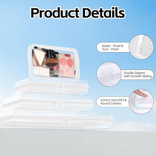 4 PACK CLEAR HARD SHELL ZIPPER CASE (S,M,L,XL), 1.2MM CRUSH-PROOF TRANSPARENT STORAGE POUCHES, HARD PLASTIC PACKING CUBES & ORGANIZER BAGS FOR TRAVEL, PENCIL, COSMETICS, TOILETRY, TOYS STORAGE