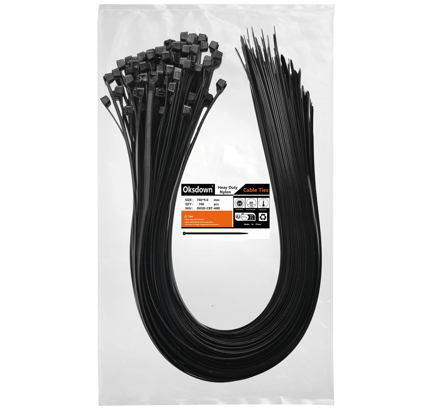 Oksdown 100 Pack Black Thick Cable Ties Heavy Duty Large 760mm×9.0mm Strong Nylon Plastic Self Locking 30 inch/76 cm Extra Long Zip Tie Wraps