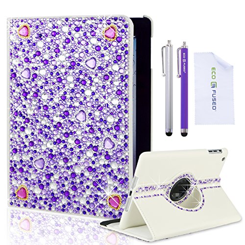 Eco-Fused Rotating Leather Case Bundle with Rhinestones for iPad Mini 3, 2 ,1 (not compatible with iPad Mini 4) - including 2 Stylus Pens / 2 Screen Protectors / Microfiber Cleaning Cloth - Sparkling Detail, A Perfect Case for Girls