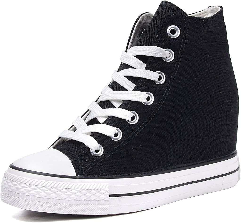 Catata Womens Casual Canvas Shoes Lace Up High Top Hidden Heeled Wedges Platform Fashion Sneakers