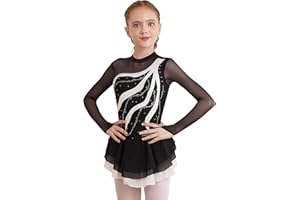 Oyolan Kids Girls Figure Ice Skating Dress Mesh Splice Long Sleeve Rhinestone Ballet Dance Skating Competition Costume