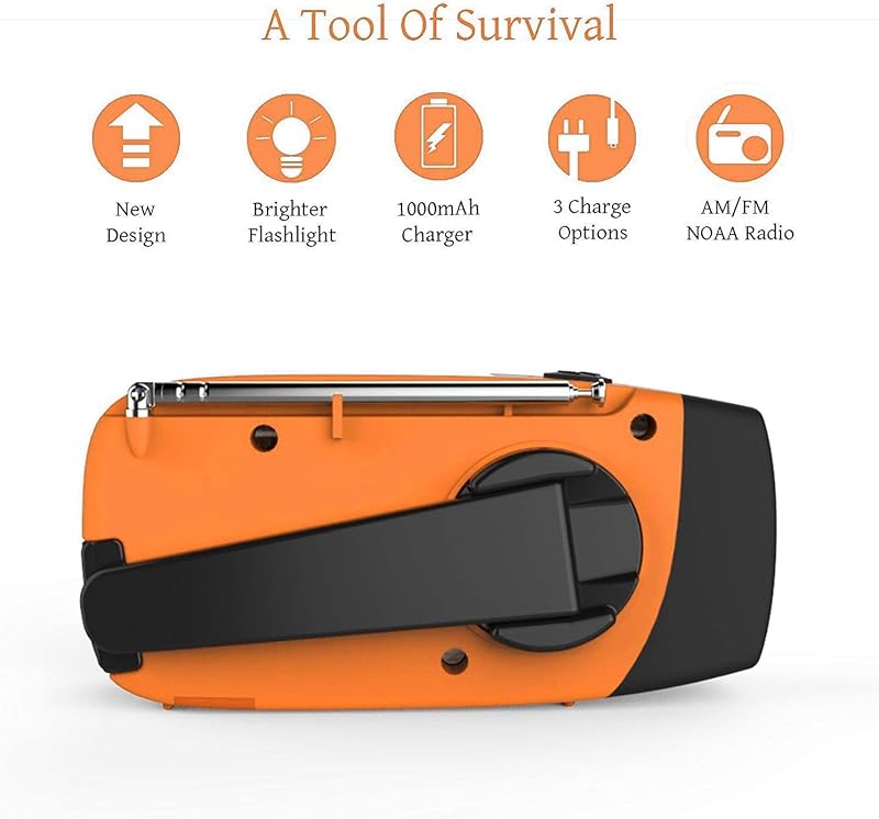 Solar Radio, Tragbar Kurbelradio Dynamo Radio mit AM/FM, Notfall Radio mit Kurbel, 2000mAh Wiederaufladbare Powerbank,LED Taschenlampe,USB-Handy-Lader für Camping Ourdoor orangefarben
