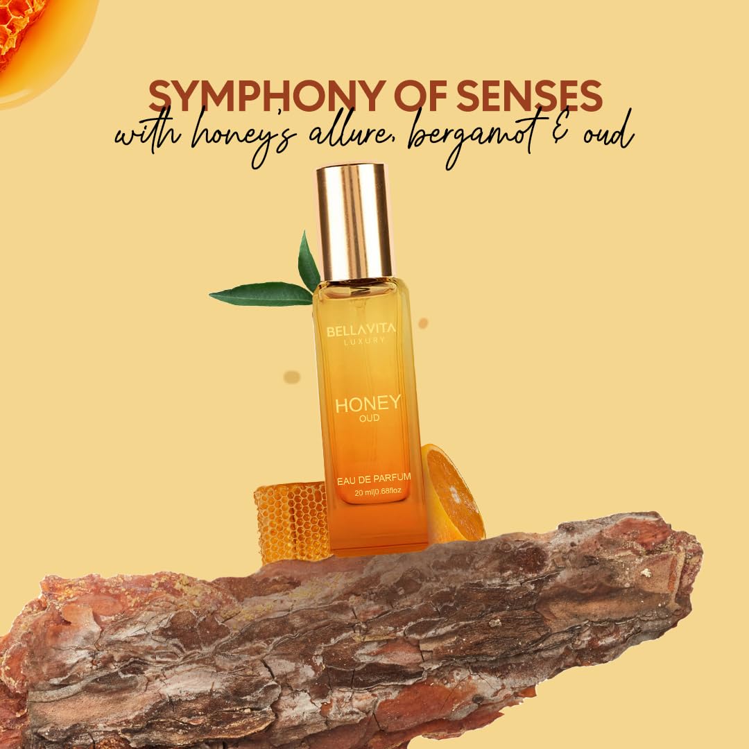 BellaVita Luxury Honey OUD Eau de Parfum Travel Size Edition 20 ml | Long-Lasting Mini Perfumes for Women | Notes: Patchouli, Vanilla, Bergamot & Spicy Notes | Pocket Perfume for Women | Vegan Perfume