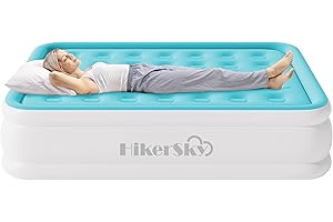 HikerSKY Queen Air Mattress with Built-in Pump, Air Bed with Portable Storage Bag, 18'' Blow up Mattress Suitable for Home and Guests, Top Flocking, 18" Queen Blue
