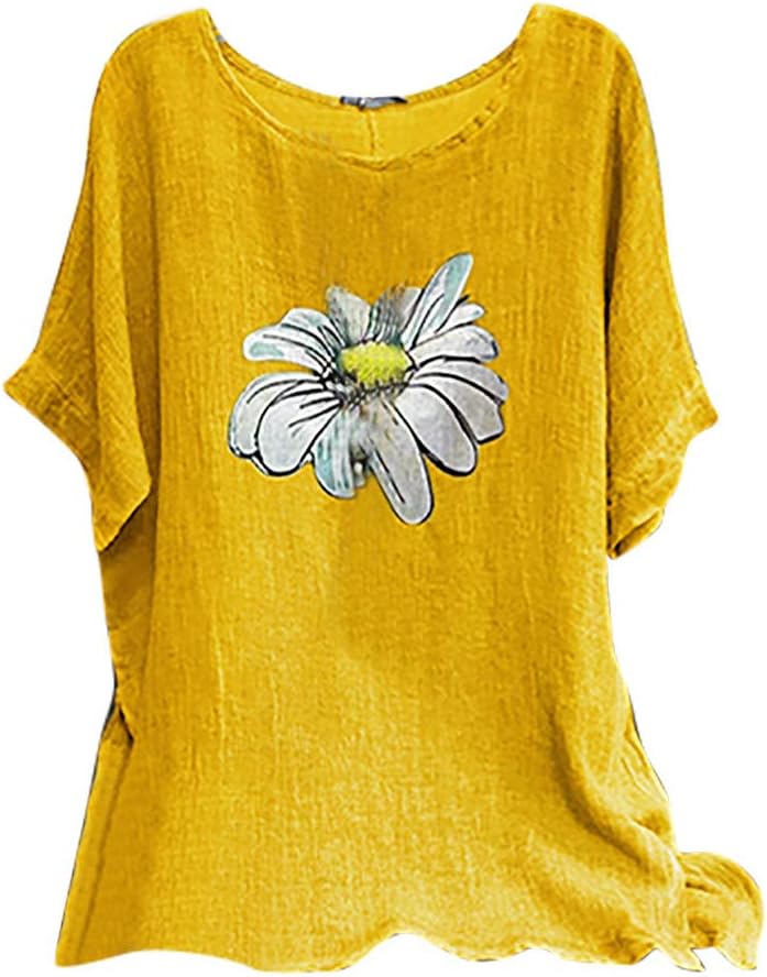 Starryflashing_Women TopsWomen Plus Size Short Sleeve Tops, Ladies O-neck Floral Printed Vintage Cotton-Blend T-shirts Blouse Top