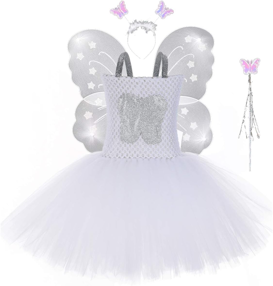 Girls Fairy Princess Costume Dress Up Tutu Butterfly Fancy Princess Dress Up Halloween Birthday Party Outfit (L (5-6 years))