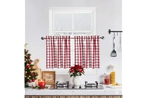 BAPAWFISH Red and White Christmas Tier Kitchen Curtains 30 Inches Long,Burgundy Buffalo Plaid Gingham Rod Pocket Window Treatment Set Half Window Cafe Curtains for Kitchen Bathroom,28"Wx30"L,Red/White,Set of 2