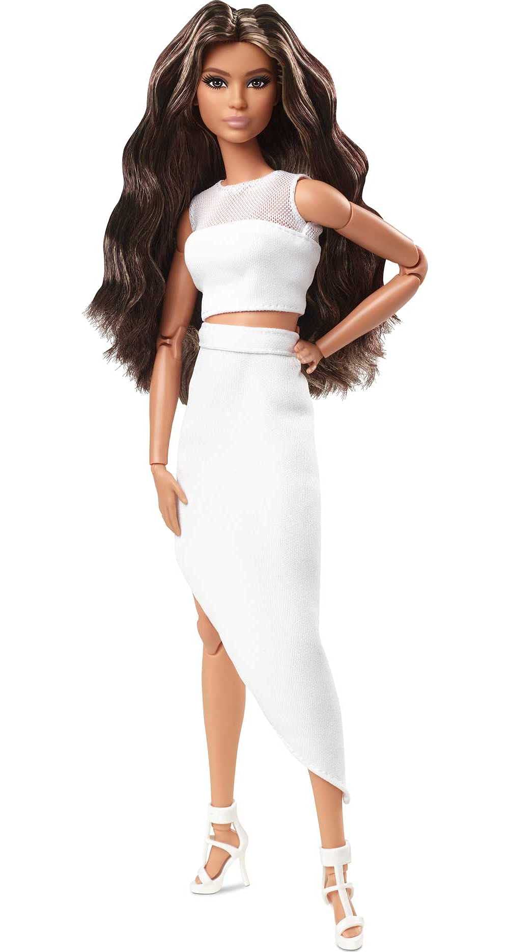 Barbie Signature Barbie Looks Doll (Brunette Wavy Hair) Fully Posable Fashion Doll Wearing White Skirt and Top, Gift for Collectors - GTD89