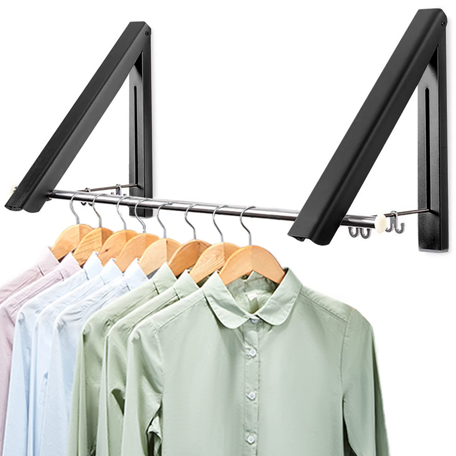 LIVEHITOP Wall Mounted Clothes Rail with Rod, Foldable Coat Hanger Racks Dryer Aluminum Hanging Wardrobe Hooks for Bedroom Bathroom Balcony (Black +Rod)