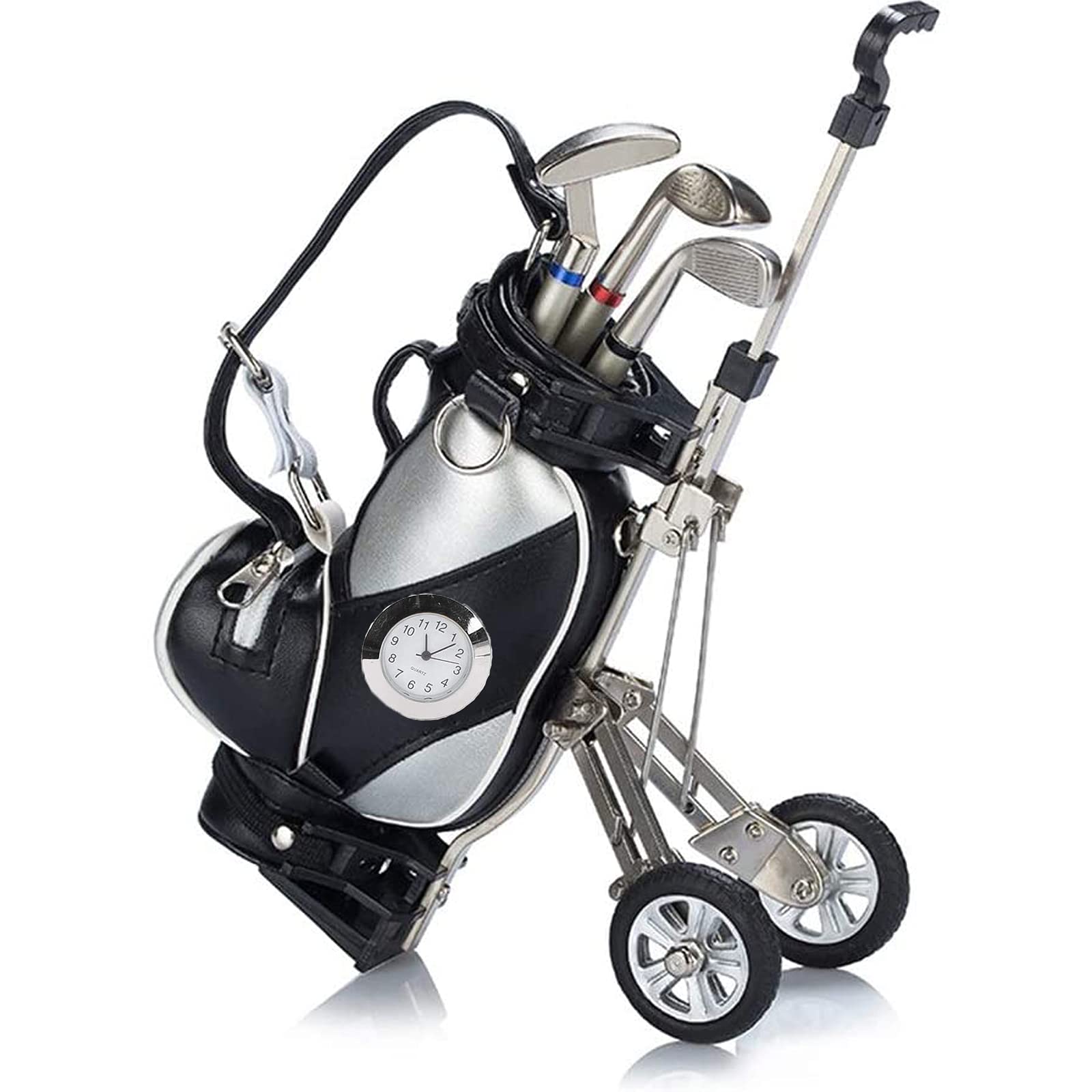 Mini Golf Pen Holder with Clock and 3 Pens for Desk, Golf Gifts Set Bag Cart Souvenirs Gifts for Men Dad Golfer Fans Fathers Day Desktop Ornament Desk Organisers (Silver/Black - Golf Cart)